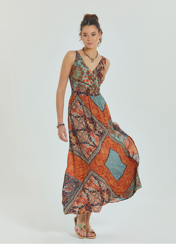 V Neck Robe Coffee Patterned Long Dress 4558